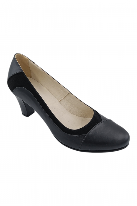 Pantofi damă eleganți, piele naturală, vârf rotund, toc gros mediu, negru [2]