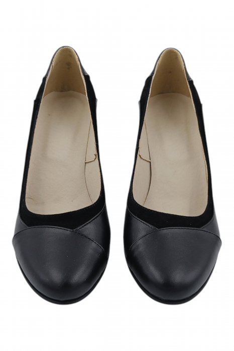 Pantofi damă eleganți, piele naturală, vârf rotund, toc gros mediu, negru [5]