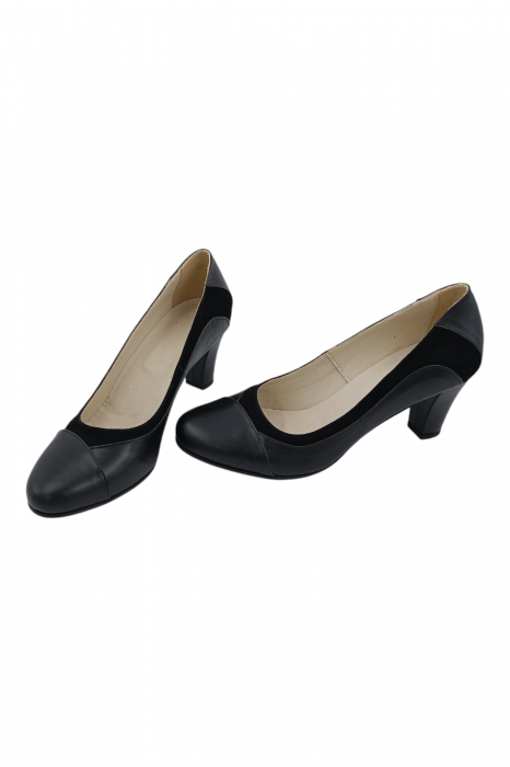 Pantofi damă eleganți, piele naturală, vârf rotund, toc gros mediu, negru [6]