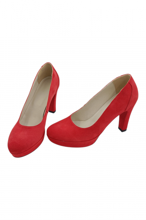 Pantofi damă eleganți, piele întoarsă, vârf rotund, toc înalt îmbrăcat, roșu [5]