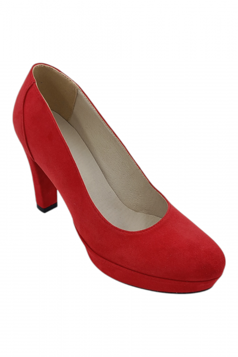 Pantofi damă eleganți, piele întoarsă, vârf rotund, toc înalt îmbrăcat, roșu [2]