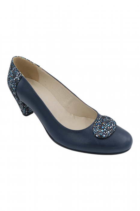 Pantofi damă eleganți, piele naturală, vârf rotund, toc mic si conic, albastru [3]
