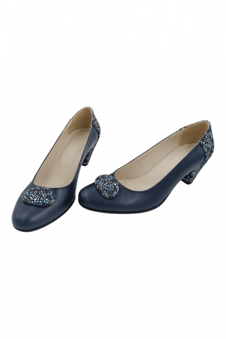 Pantofi damă eleganți, piele naturală, vârf rotund, toc mic si conic, albastru [6]