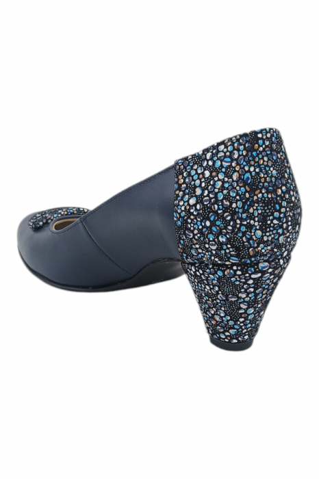 Pantofi damă eleganți, piele naturală, vârf rotund, toc mic si conic, albastru [4]