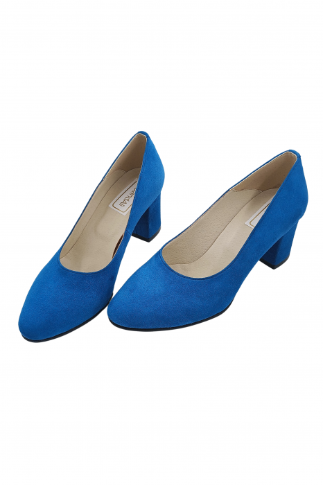 Pantofi damă eleganți, piele naturală velur, toc gros îmbracat, albastru. SANDALI [4]