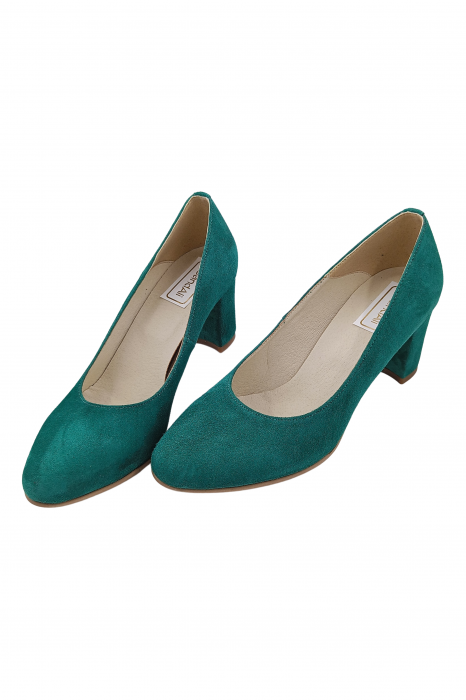 Pantofi damă eleganți, piele naturală velur, toc gros îmbrăcat, verde. SANDALI [4]