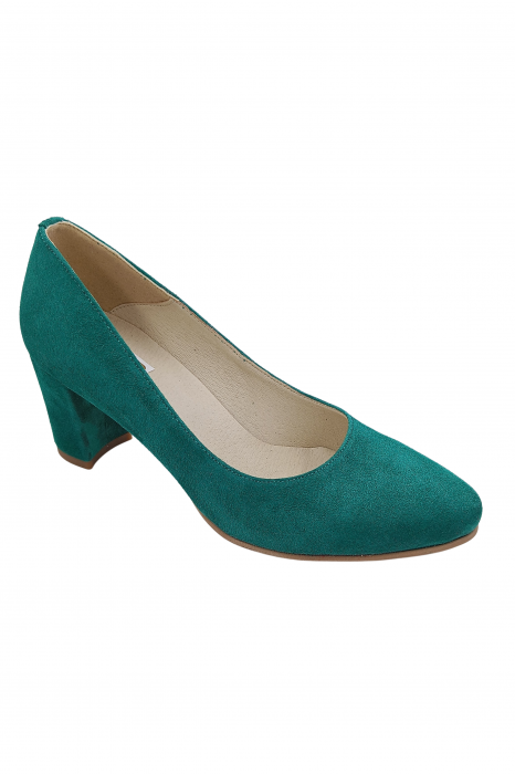 Pantofi damă eleganți, piele naturală velur, toc gros îmbrăcat, verde. SANDALI [2]