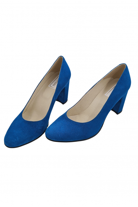 Pantofi damă eleganți, piele naturală velur, toc mediu gros îmbrăcat, albastru. SANDALI [4]