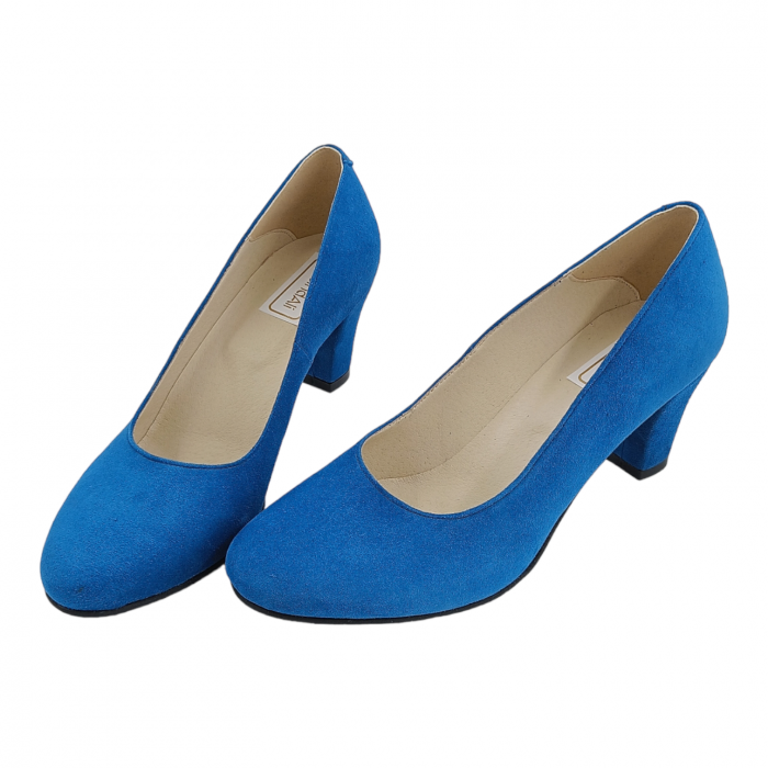 Pantofi damă eleganți, piele naturală velur, toc mediu gros îmbrăcat, albastru, SANDALI [4]
