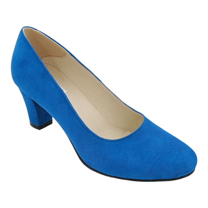 Pantofi damă eleganți, piele naturală velur, toc mediu gros îmbrăcat, albastru, SANDALI [2]