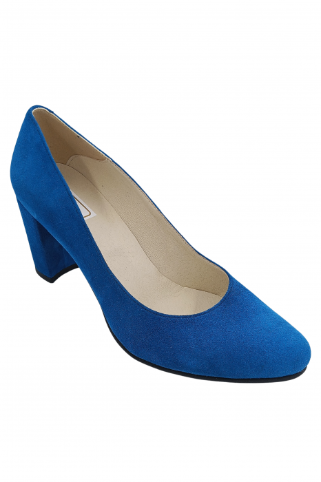 Pantofi damă eleganți, piele naturală velur, toc mediu gros îmbrăcat, albastru. SANDALI [2]