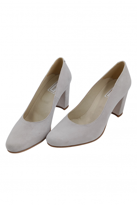 Pantofi damă eleganți, piele naturală velur, toc mediu gros îmbrăcat, gri. SANDALI [4]