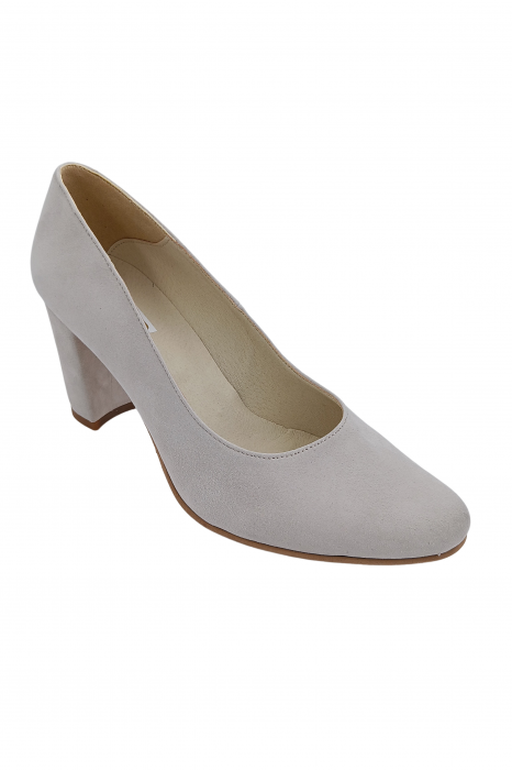 Pantofi damă eleganți, piele naturală velur, toc mediu gros îmbrăcat, gri. SANDALI [2]