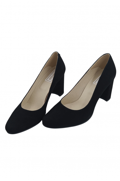 Pantofi damă eleganți, piele naturală velur, toc mediu gros îmbrăcat, negru. SANDALI [4]