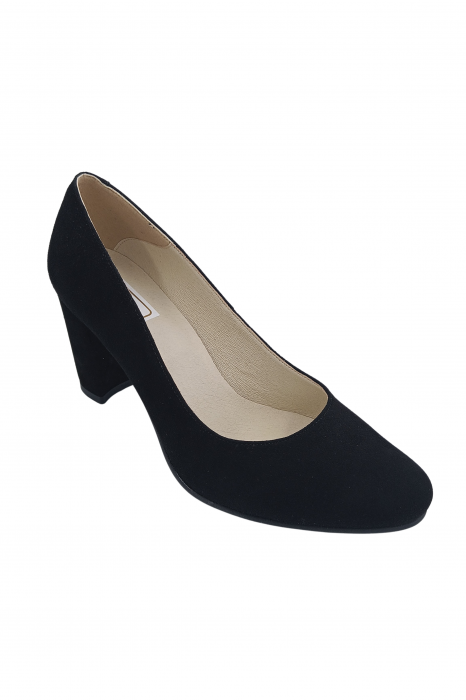 Pantofi damă eleganți, piele naturală velur, toc mediu gros îmbrăcat, negru. SANDALI [2]