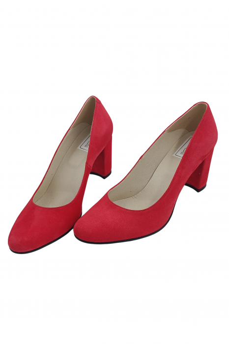 Pantofi damă eleganți, piele naturală velur, toc mediu gros îmbrăcat, roșu. SANDALI [4]