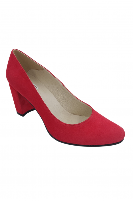 Pantofi damă eleganți, piele naturală velur, toc mediu gros îmbrăcat, roșu. SANDALI [2]