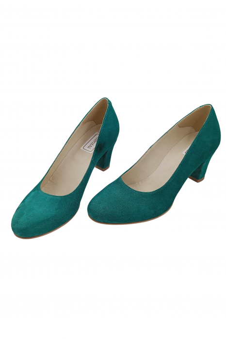 Pantofi damă eleganți, piele naturală velur, toc mediu gros îmbrăcat, verde, SANDALI [3]