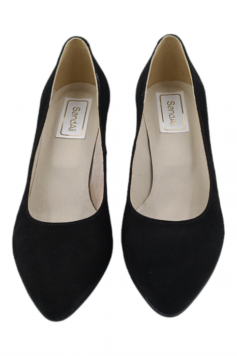 Pantofi damă eleganți, piele naturală velur, varf migdalat, toc gros îmbrăcat, negru. SANDALI [4]