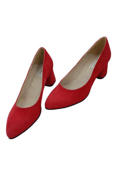 Pantofi damă eleganți, piele naturală velur, varf migdalat, toc gros îmbrăcat, roșu. SANDALI [5]