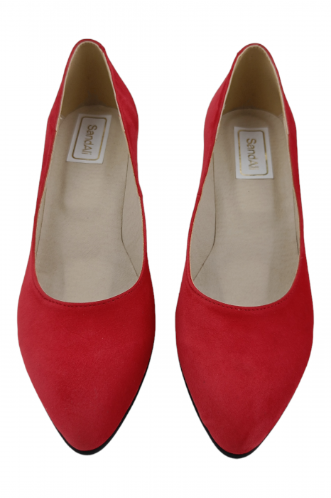 Pantofi damă eleganți, piele naturală velur, varf migdalat, toc gros îmbrăcat, roșu. SANDALI [6]