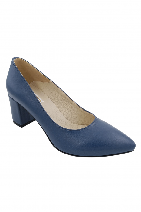 Pantofi damă eleganți, stiletto, piele naturală box, toc gros îmbrăcat, albastru. SANDALI [2]