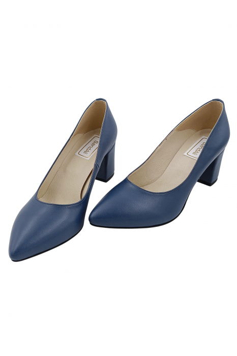 Pantofi damă eleganți, stiletto, piele naturală box, toc gros îmbrăcat, albastru. SANDALI [4]