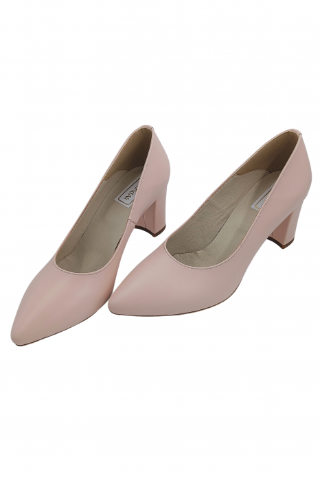 Pantofi damă eleganți, stiletto, piele naturală box, toc gros îmbrăcat, bej roz, SANDALI [4]