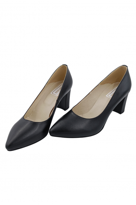 Pantofi damă eleganți, stiletto, piele naturală box, toc gros îmbrăcat, negru. SANDALI [4]