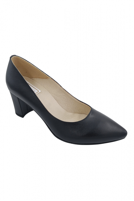 Pantofi damă eleganți, stiletto, piele naturală box, toc gros îmbrăcat, negru. SANDALI [2]