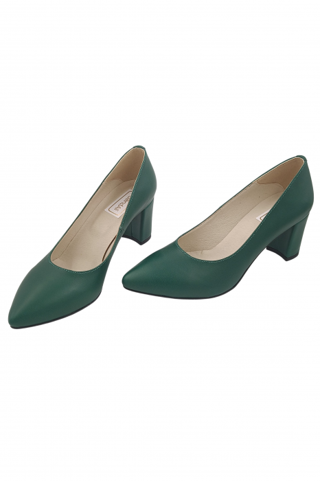Pantofi damă eleganți, stiletto, piele naturală box, toc gros îmbrăcat, verde. SANDALI [4]