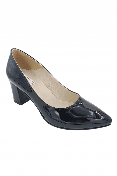 Pantofi damă eleganți, stiletto, piele naturală lăcuită, toc gros, negru. SANDALI [2]