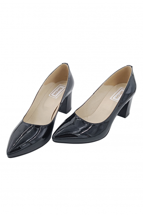 Pantofi damă eleganți, stiletto, piele naturală lăcuită, toc gros, negru. SANDALI [4]