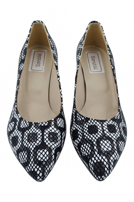 Pantofi damă eleganți, stiletto, piele naturală, toc gros, alb-negru retro, Sandali [4]