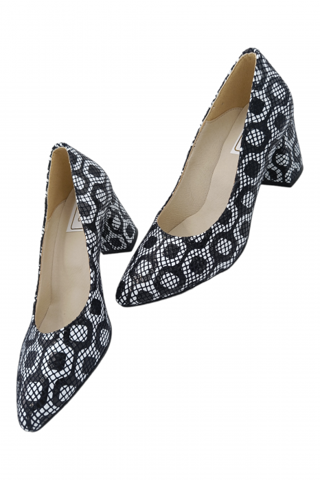 Pantofi damă eleganți, stiletto, piele naturală, toc gros, alb-negru retro, Sandali [5]