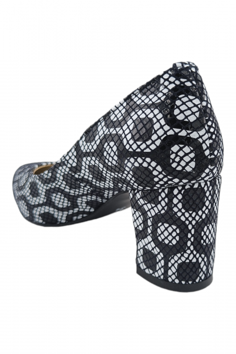 Pantofi damă eleganți, stiletto, piele naturală, toc gros, alb-negru retro, Sandali [3]