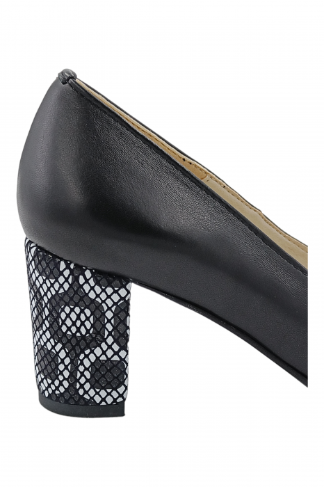 Pantofi damă eleganți, stiletto, piele naturală, toc gros îmbrăcat, alb-negru retro, negru, Sandali [3]