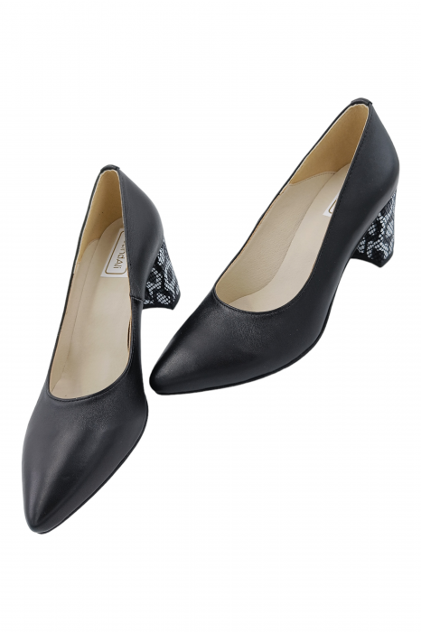 Pantofi damă eleganți, stiletto, piele naturală, toc gros îmbrăcat, alb-negru retro, negru, Sandali [5]