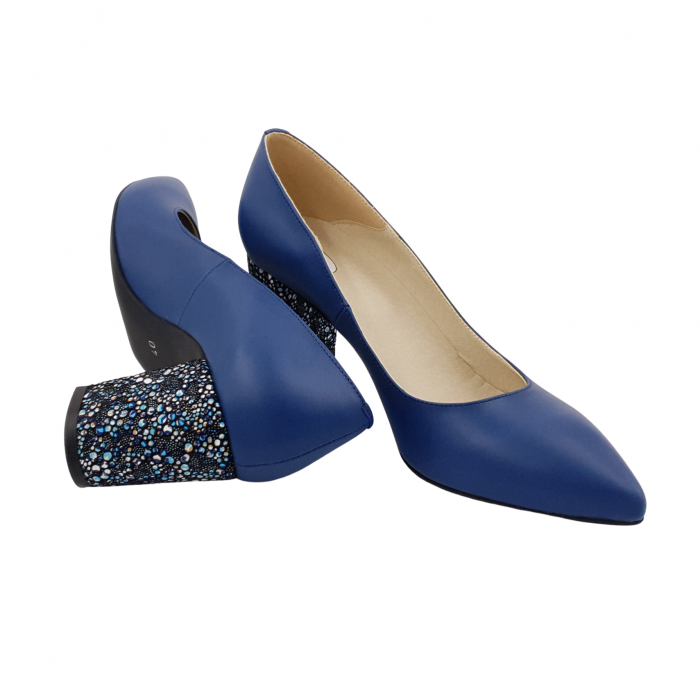 Pantofi damă eleganți, stiletto, piele naturală, toc gros îmbrăcat, albastru cu flori albastre, Sandali [4]