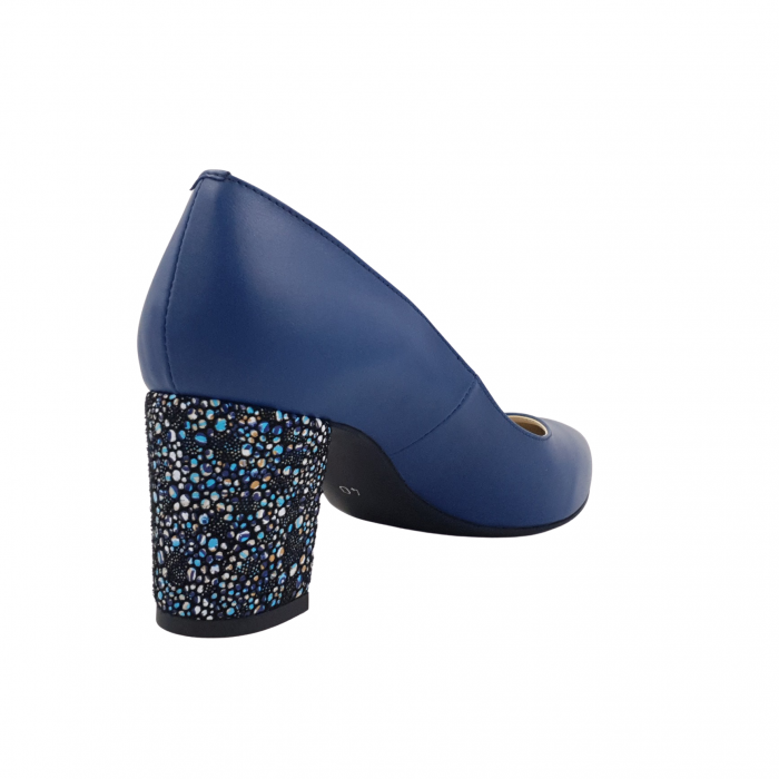 Pantofi damă eleganți, stiletto, piele naturală, toc gros îmbrăcat, albastru cu flori albastre, Sandali [2]