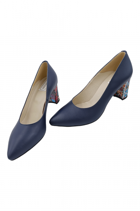 Pantofi damă eleganți, stiletto, piele naturală, toc gros îmbrăcat, albastru tradițional, Sandali [5]