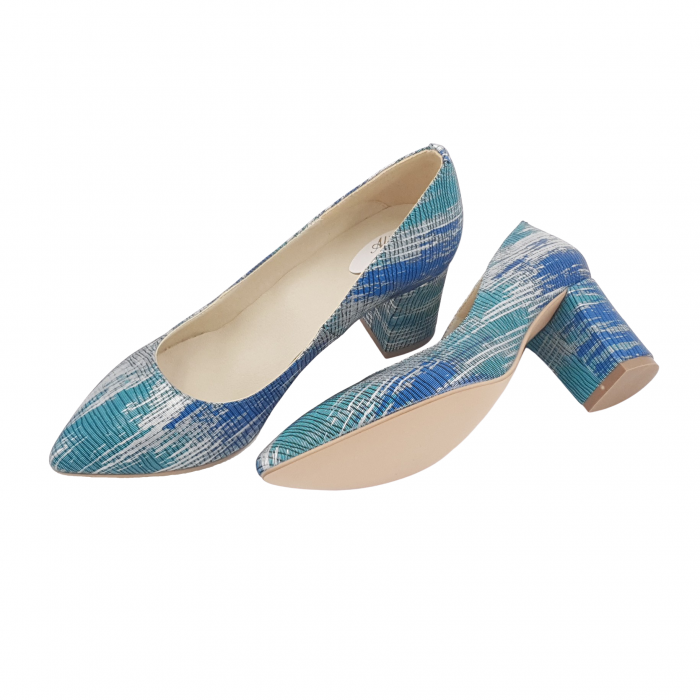 Pantofi damă eleganți, stiletto, piele naturală, toc gros îmbrăcat, argint, turcoaz, albastru, Sandali [4]