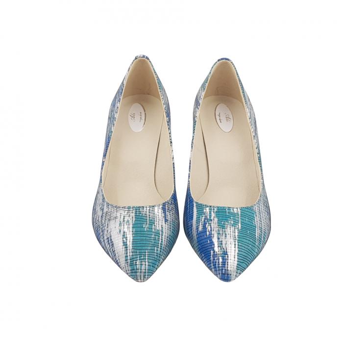 Pantofi damă eleganți, stiletto, piele naturală, toc gros îmbrăcat, argint, turcoaz, albastru, Sandali [3]