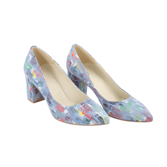 Pantofi damă eleganți, stiletto, piele naturală, toc gros îmbrăcat, bleo pictat, Sandali [2]