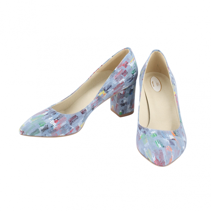 Pantofi damă eleganți, stiletto, piele naturală, toc gros îmbrăcat, bleo pictat, Sandali [4]