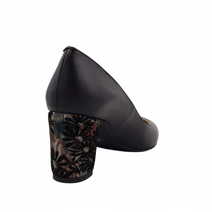 Pantofi damă eleganți, stiletto, piele naturală, toc gros îmbrăcat, floral, negru, Sandali [2]