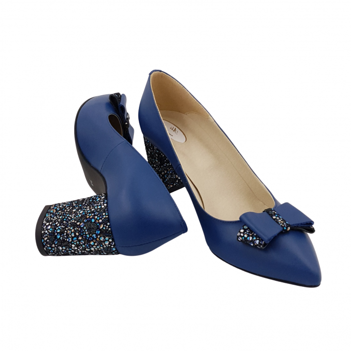Pantofi damă eleganți, stiletto, piele naturală, toc gros îmbrăcat, fundă, albastru cu flori albastre, Sandali [4]