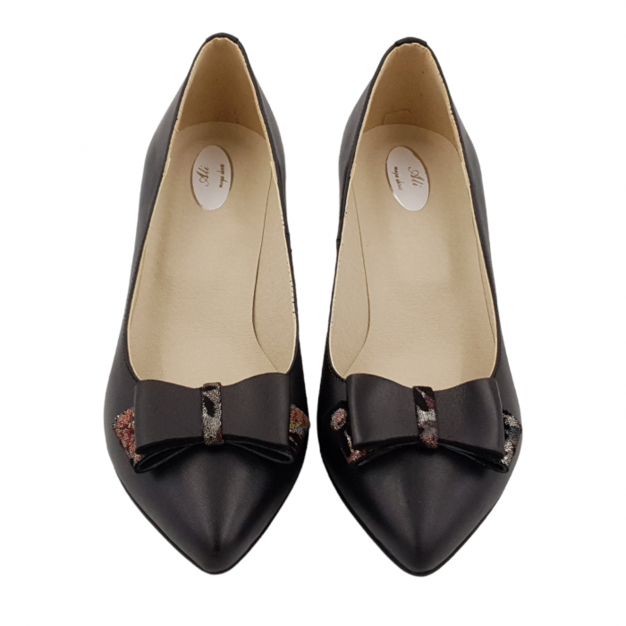 Pantofi damă eleganți, stiletto, piele naturală, toc gros îmbrăcat, fundă, negru floral, Sandali [3]