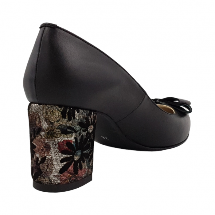 Pantofi damă eleganți, stiletto, piele naturală, toc gros îmbrăcat, fundă, negru floral, Sandali [2]