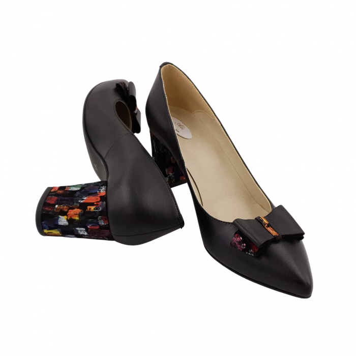 Pantofi damă eleganți, stiletto, piele naturală, toc gros îmbrăcat, fundă, picasso, negru, Sandali [4]
